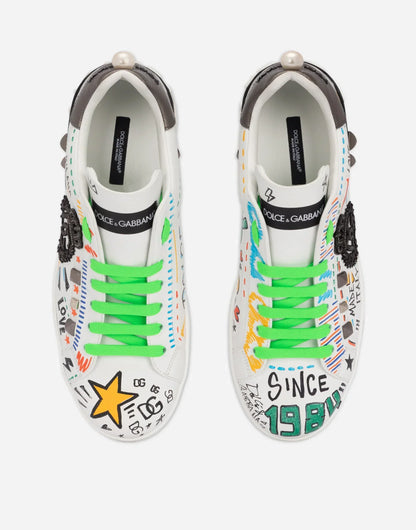 D&G Calfskin Portofino Sneakers With Embroidery And Studs