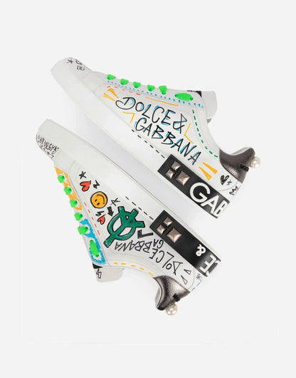 D&G Calfskin Portofino Sneakers With Embroidery And Studs